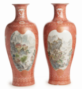 A NEAR PAIR OF LARGE FAMILLE ROSE AND IRON RED BALUSTER VASES