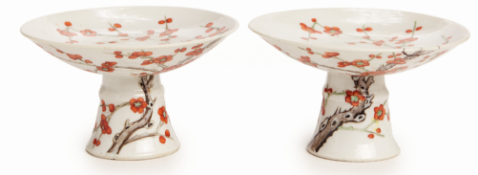 A PAIR OF PRUNUS DECORATED PORCELAIN STEM DISHES