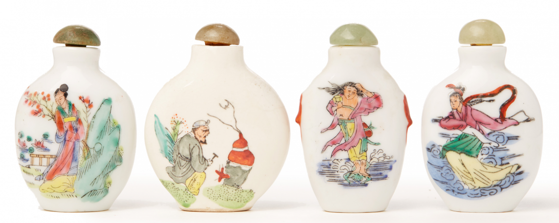 FOUR PORCELAIN SNUFF BOTTLES