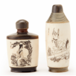 TWO ENGRAVED HORN AND BONE SNUFF BOTTLES