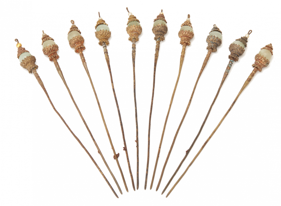 A SET OF TEN BRASS AND JADE HAIRPINS