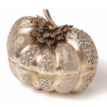 A CAMBODIAN WHITE METAL PUMPKIN FORM BOX