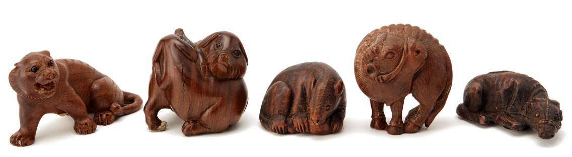 FIVE CARVED WOODEN NETSUKE