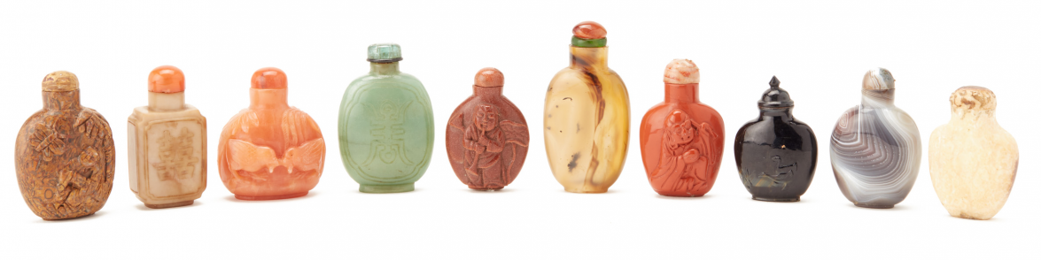 A GROUP OF TEN SNUFF BOTTLES IN VARIOUS MATERIALS