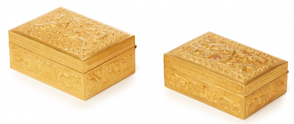 TWO ANTIQUE CHINESE 20K GOLD WEDDING BOXES