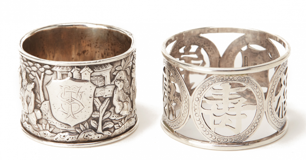 TWO CHINESE EXPORT SILVER NAPKIN RINGS