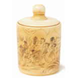 AN INSCRIBED IVORY SNUFF BOTTLE FEATURING THE EIGHT IMMORTALS