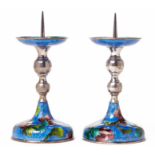 A PAIR OF KOREAN ENAMELLED SILVER CANDLESTICKS