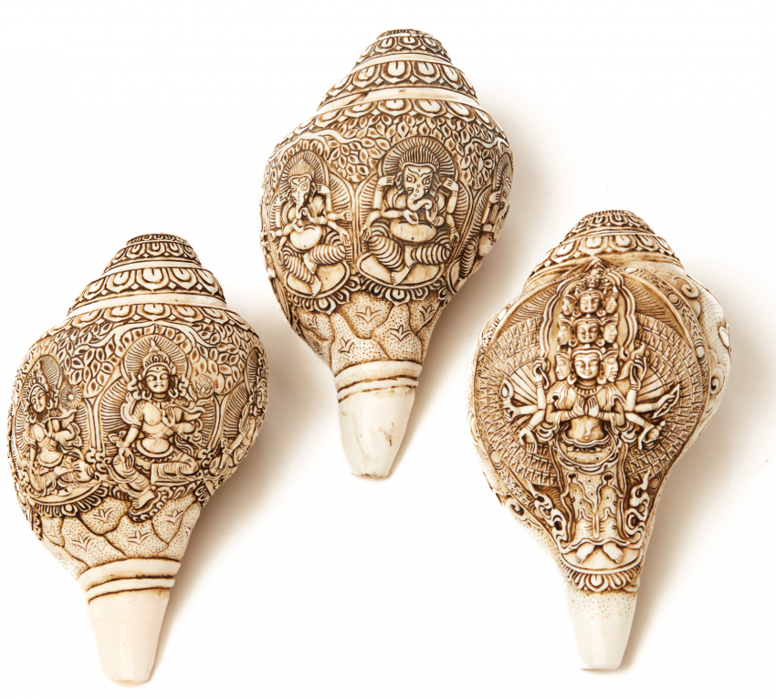 A SET OF THREE NEPALESE CARVED 'SANKHA'