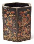 A HEXAGONAL LACQUERED DRAGON BRUSH POT