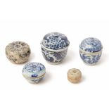 A SET OF FIVE BLUE AND WHITE PORCELAIN COSMETIC BOXES