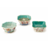 THREE FAMILLE ROSE SHAPED PORCELAIN BOWLS