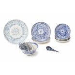 A GROUP OF BLUE AND WHITE PLATES / SPOONS AND A BOWL
