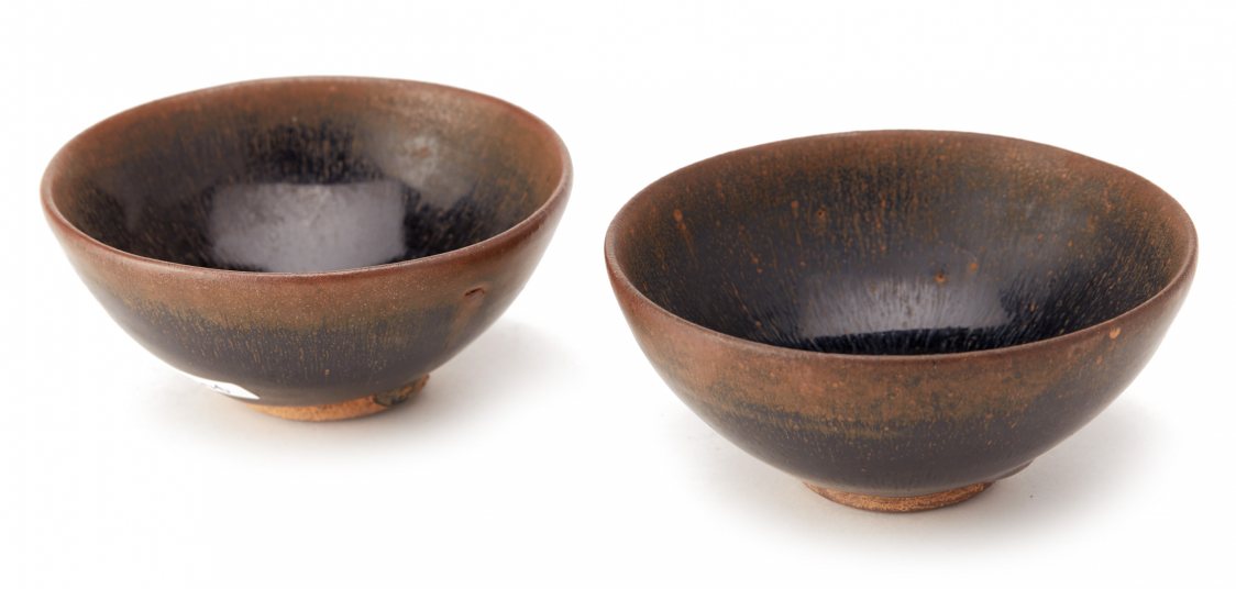 TWO JIAN 'HARE'S FUR' GLAZED TEA BOWLS