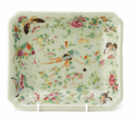 A CELADON GROUND FAMILLE ROSE RECTANGULAR DISH