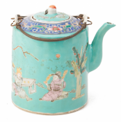 A TURQUOISE GROUND PORCELAIN TEAPOT