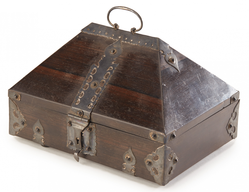 A METAL MOUNTED HARDWOOD CASKET OR QUR'AN BOX