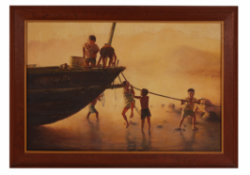 LO HING KWOK (CHINESE, 20TH CENTURY) - CHILDREN PLAYING ON A FISHING BOAT