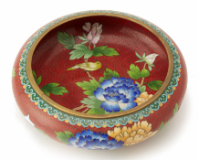 A RED GROUND CLOISONNÉ ENAMEL BOWL