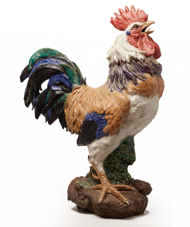 A LARGE POTTERY MODEL OF A COCKEREL