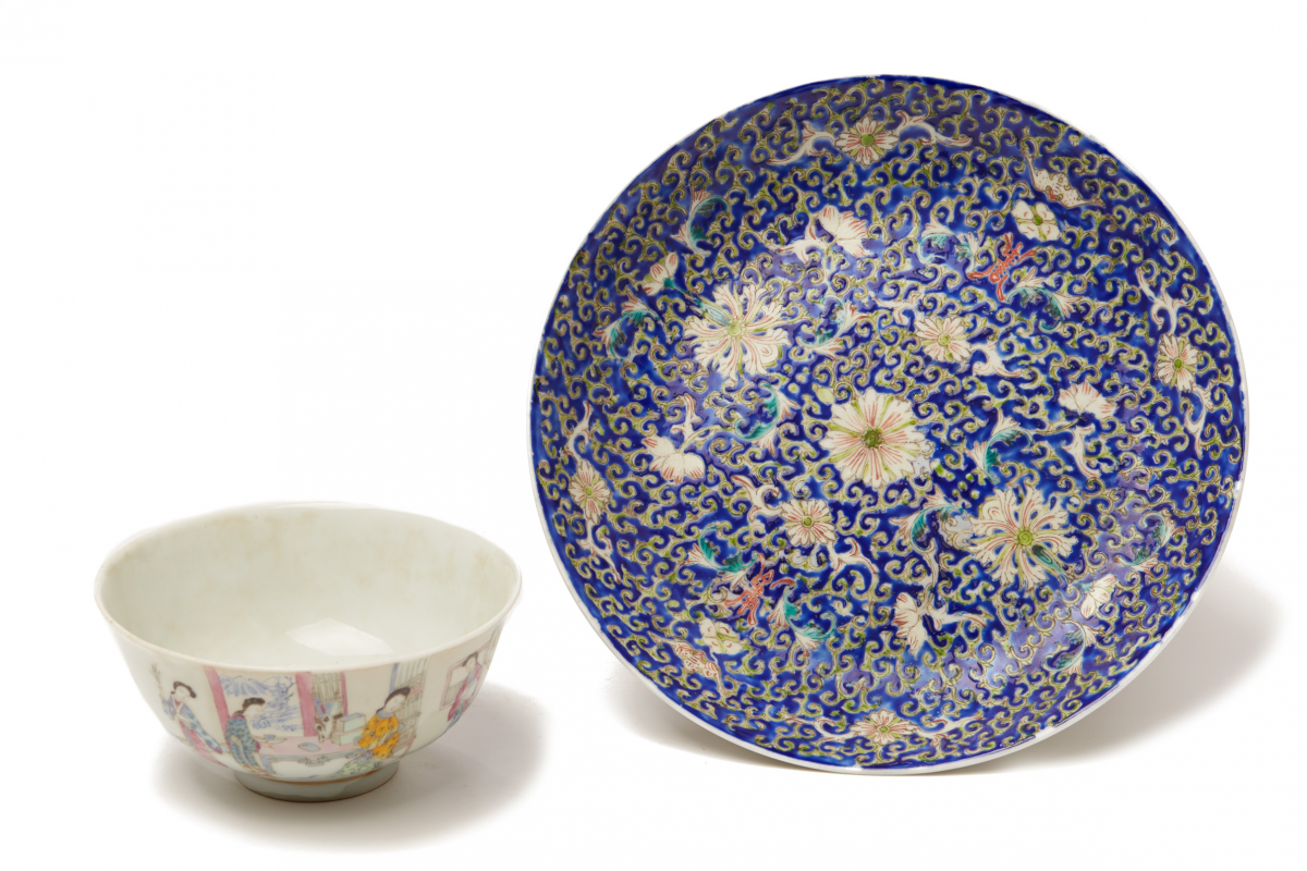 A FAMILLE ROSE BOWL AND A FLORAL ENAMELLED DISH