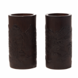 A PAIR OF CARVED BAMBOO BRUSH POTS