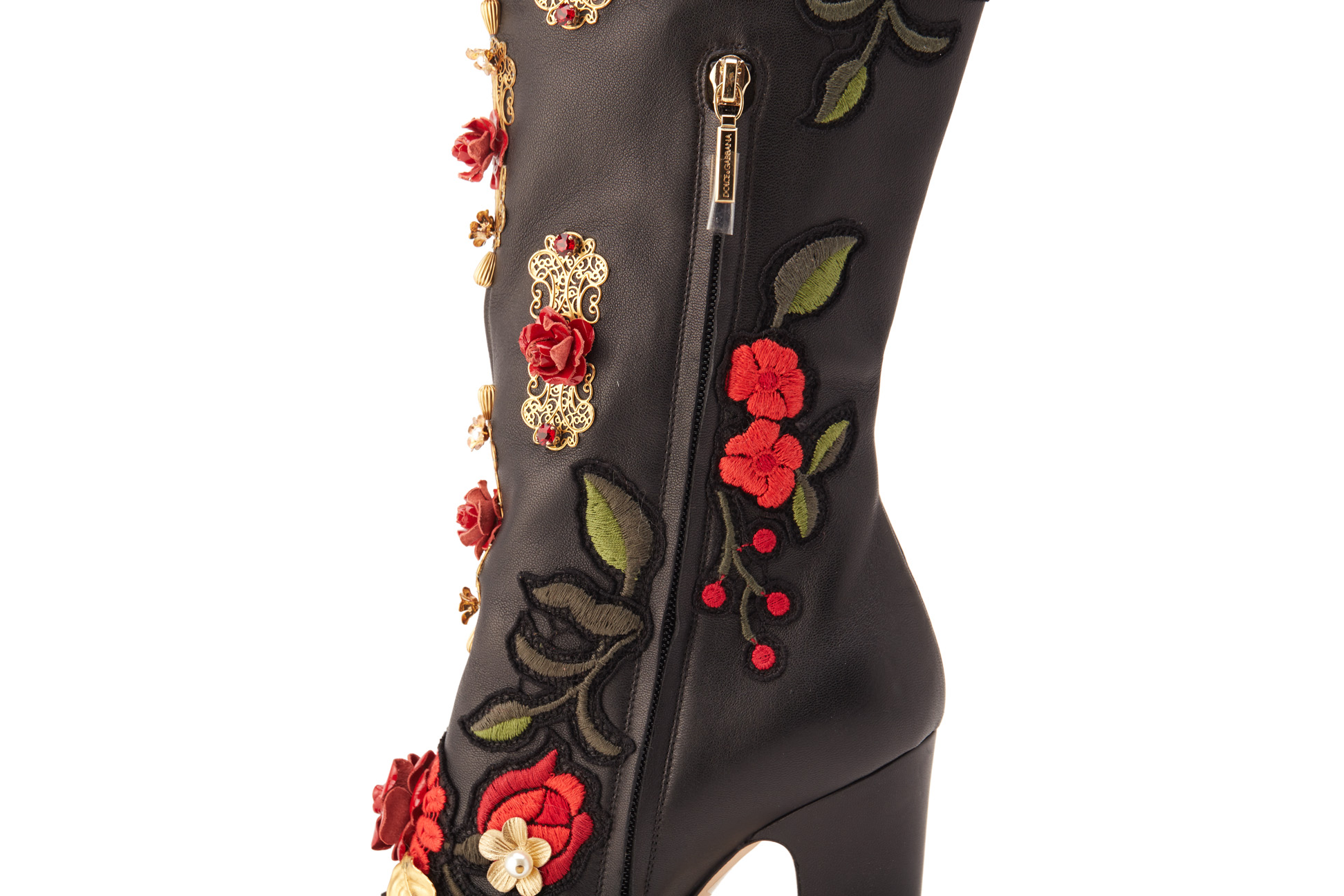 A PAIR OF DOLCE & GABBANA RED GOLD & BLACK ROSE BOOTS EU 39 - Image 6 of 8