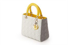 A CHRISTIAN DIOR GREY & YELLOW LEATHER MEDIUM LADY DIOR