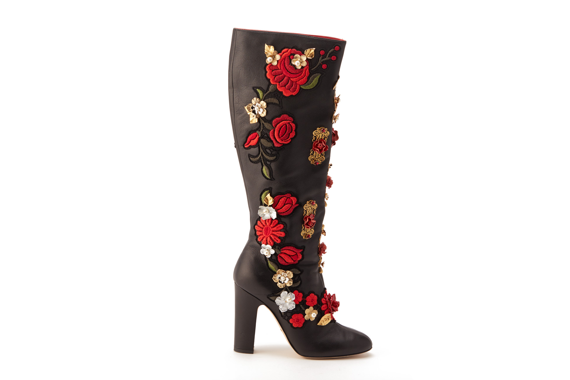 A PAIR OF DOLCE & GABBANA RED GOLD & BLACK ROSE BOOTS EU 39 - Image 2 of 8