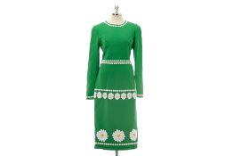 A DOLCE & GABBANA GREEN 'DAISY-APPLIQUE' CREPE DRESS