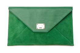 A JIMMY CHOO 'ROSETTA' GREEN LEATHER & SUEDE CLUTCH