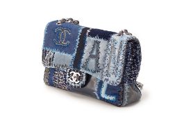 A CHANEL BLUE DENIM PATCHWORK JUMBO FLAP