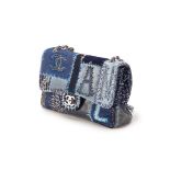 A CHANEL BLUE DENIM PATCHWORK JUMBO FLAP