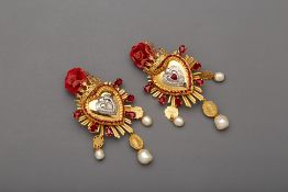 A PAIR OF DOLCE & GABBANA RED & GOLD ROSE CLIP ON EARRINGS