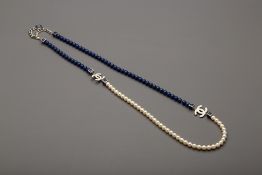 A CHANEL CC BLUE & PEARL NECKLACE