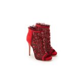 A PAIR OF JIMMY CHOO RED SUEDE & LACE BOOTIES EU 39