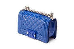 A CHANEL BLUE QUILTED PATENT LEATHER SMALL BOY