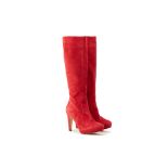 A PAIR OF RED DUO SUEDE KNEE HIGH BOOTS EU 40