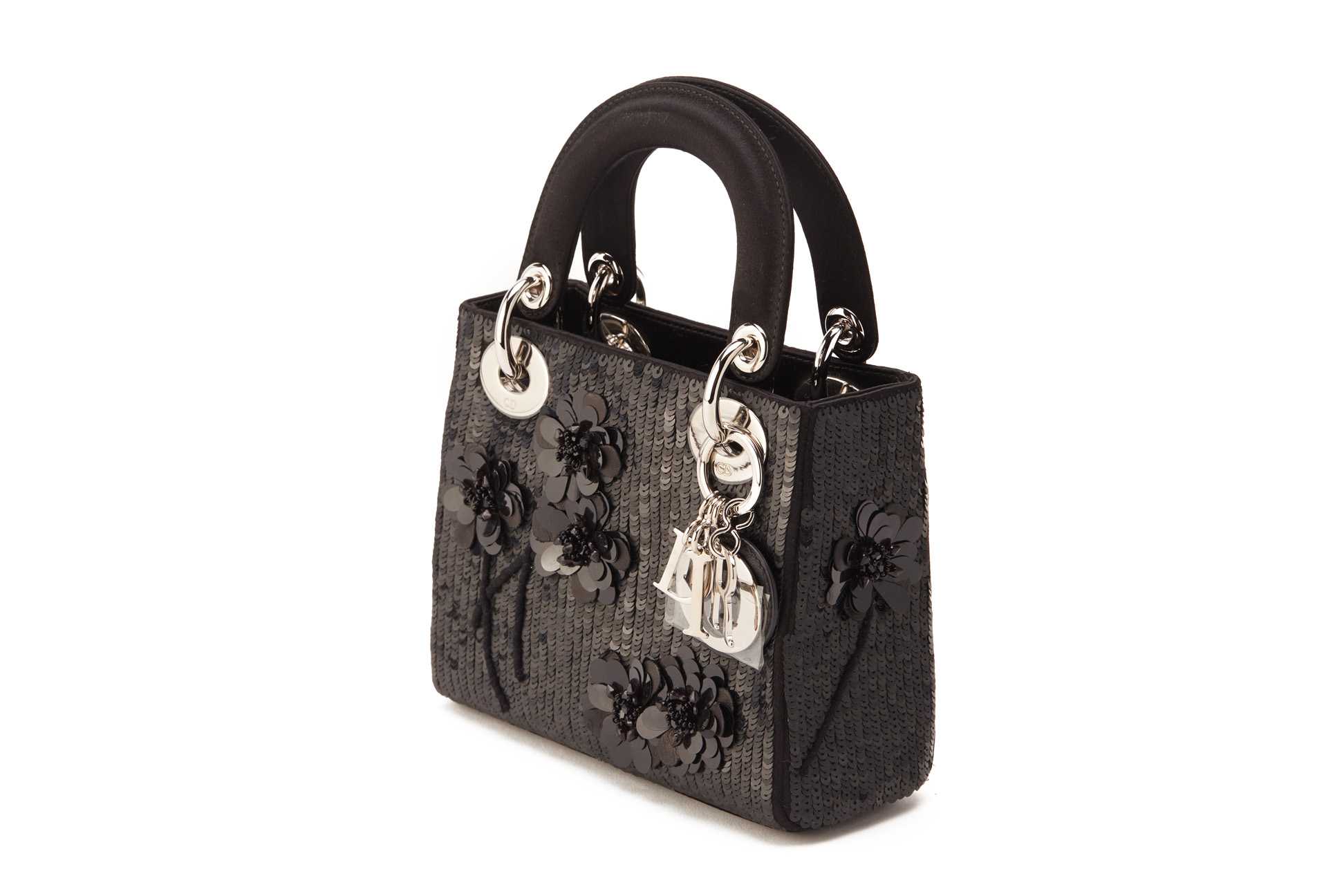 A CHRISTIAN DIOR BLACK EMBELLISHED MINI LADY DIOR HANDBAG