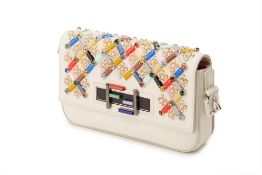 A FENDI WHITE LEATHER EMBELLISHED BAGUETTE CLUTCH