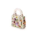 A CHRISTIAN DIOR WHITE FLOWER EMBELLISHED MINI LADY DIOR