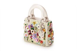 A CHRISTIAN DIOR WHITE FLOWER EMBELLISHED MINI LADY DIOR