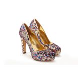 A PAIR OF NINE WEST MULTI COLOUR SEQUIN HEELS US 8