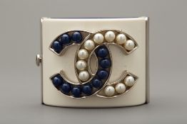 A CHANEL CC PEARL STUDDED WHITE & PURPLE CUFF