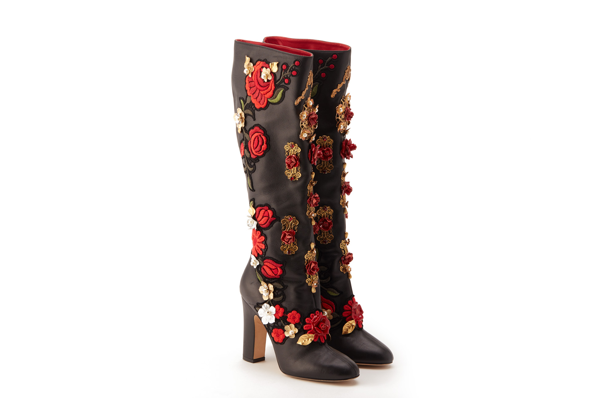 A PAIR OF DOLCE & GABBANA RED GOLD & BLACK ROSE BOOTS EU 39