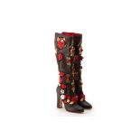 A PAIR OF DOLCE & GABBANA RED GOLD & BLACK ROSE BOOTS EU 39