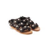 A PAIR OF CHANEL BLACK LEATHER SANDALS WITH PEARLS EU 37