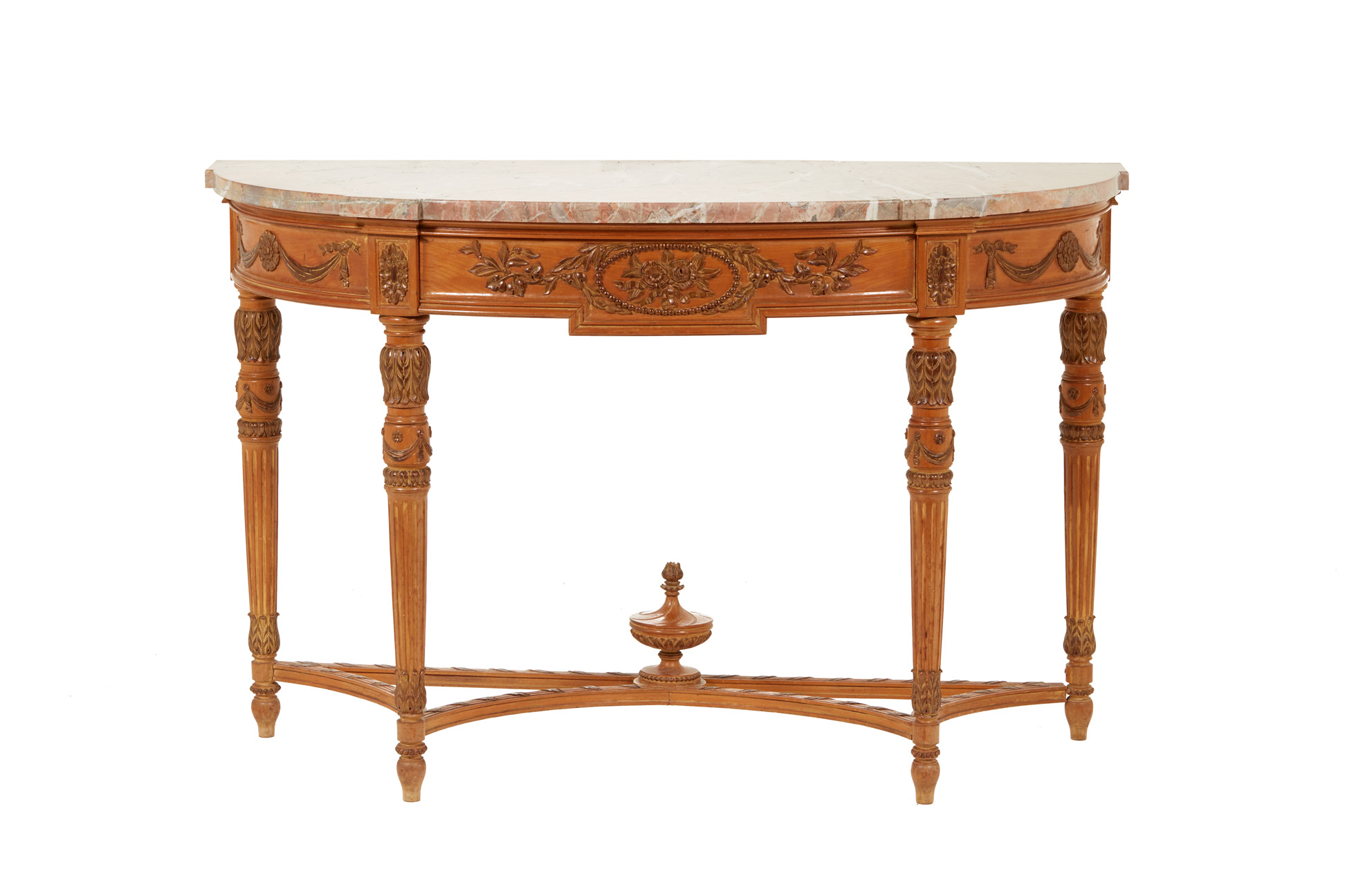 A FRENCH DEMI-LUNE MARBLE TOP CONSOLE TABLE