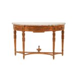 A FRENCH DEMI-LUNE MARBLE TOP CONSOLE TABLE