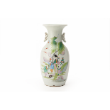 A TWIN HANDLED FAMILLE ROSE PORCELAIN BALUSTER VASE